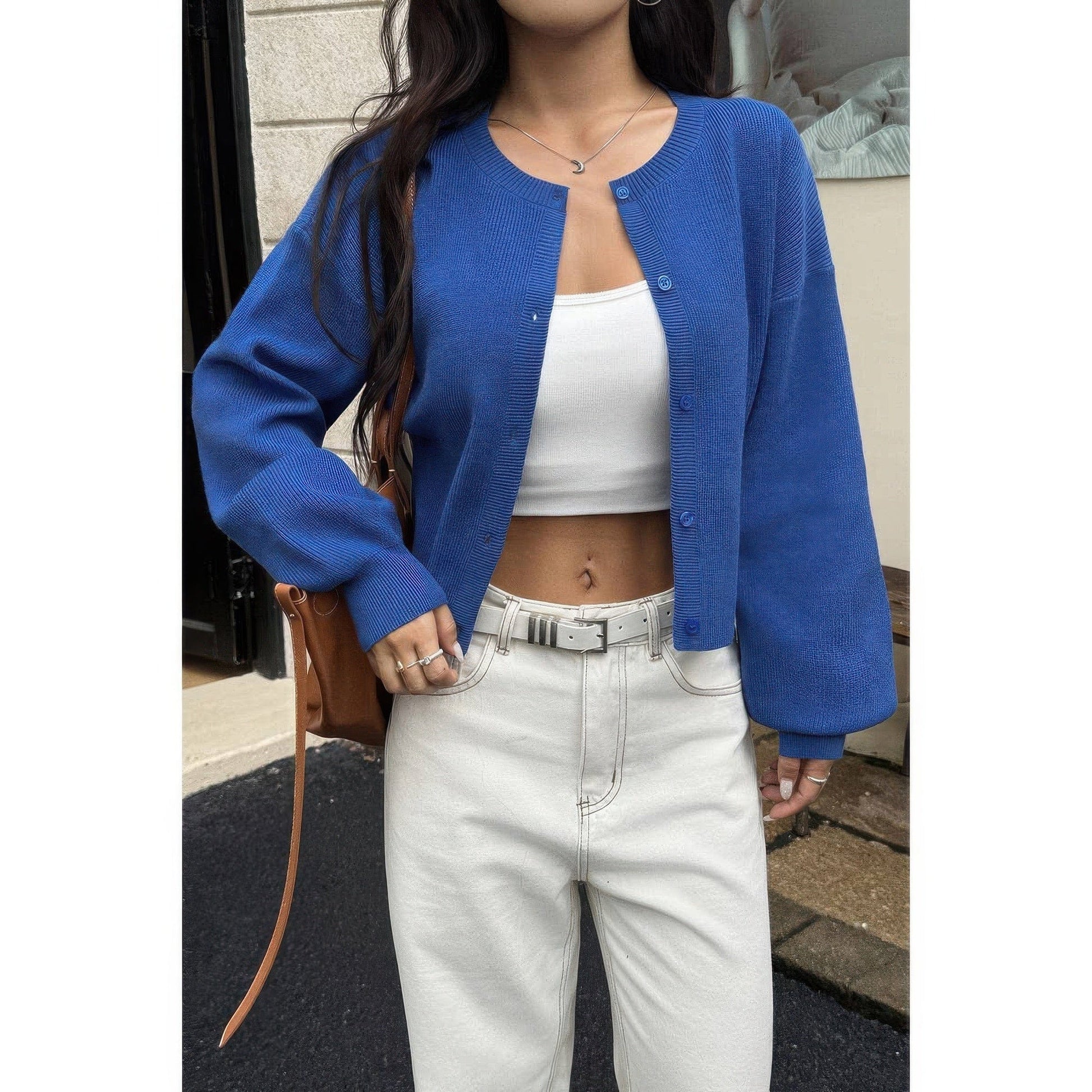 AnchorFinds.com Royal Blue / S Knit Solid Round Neck Button Down Cardigan