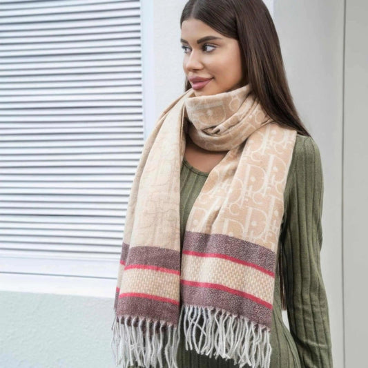 AnchorFinds.com Scarves Tan Double stripe blanket scarf with tassel