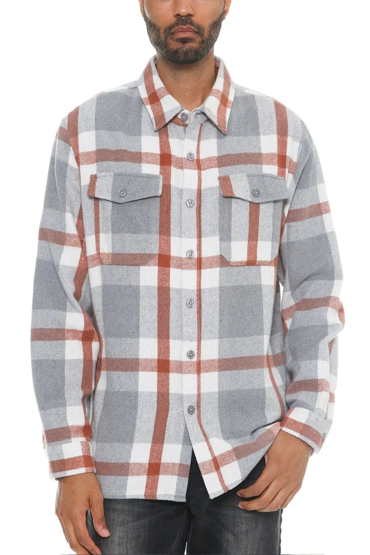 AnchorFinds.com Shackets S Men's Checkered Soft Flannel Shacket in Grey/Rust: A Fusion of Comfort and Class