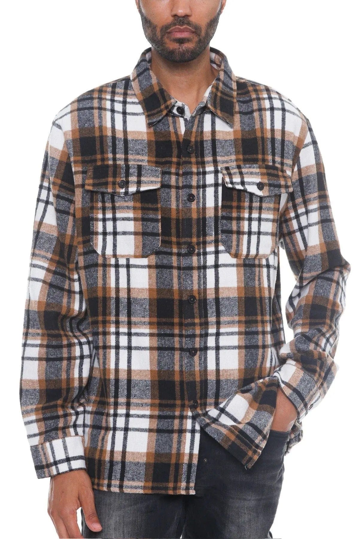 AnchorFinds.com Shackets S Men's Checkered Soft Flannel Shacket in Khaki: A Fusion of Comfort and Class