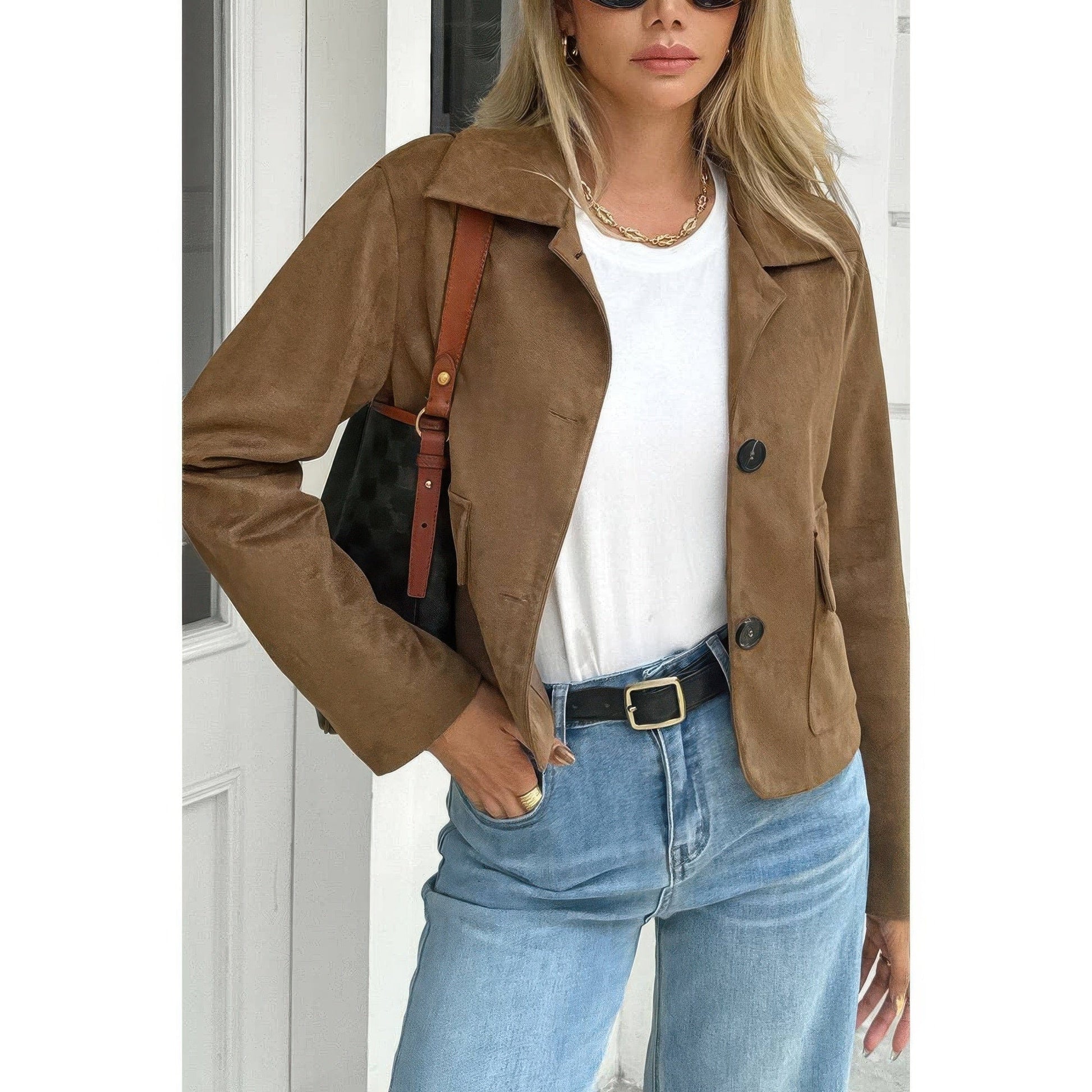 AnchorFinds.com Solid Suit Lapel Faux Suede Leather Jacket