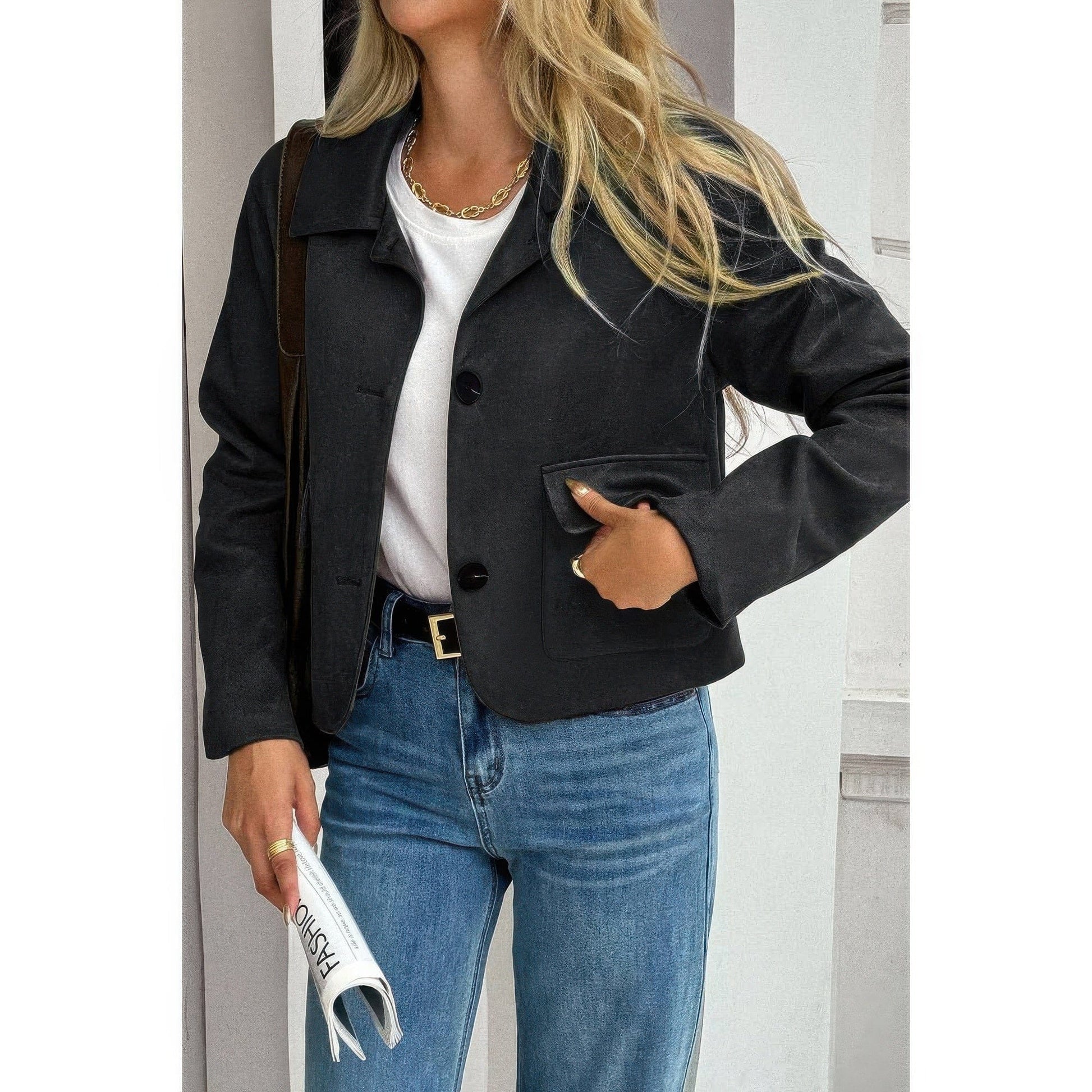 AnchorFinds.com Solid Suit Lapel Faux Suede Leather Jacket