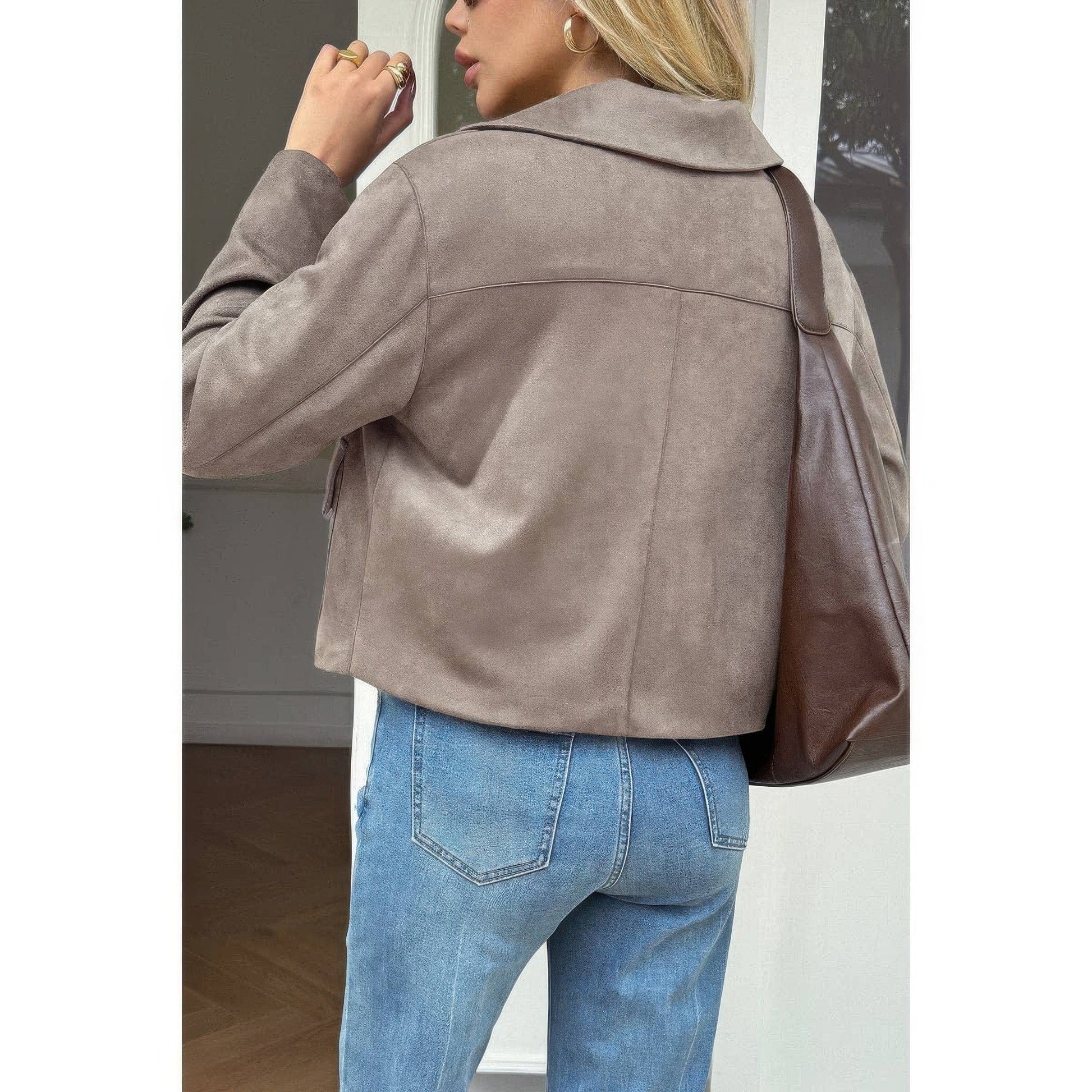 AnchorFinds.com Solid Suit Lapel Faux Suede Leather Jacket