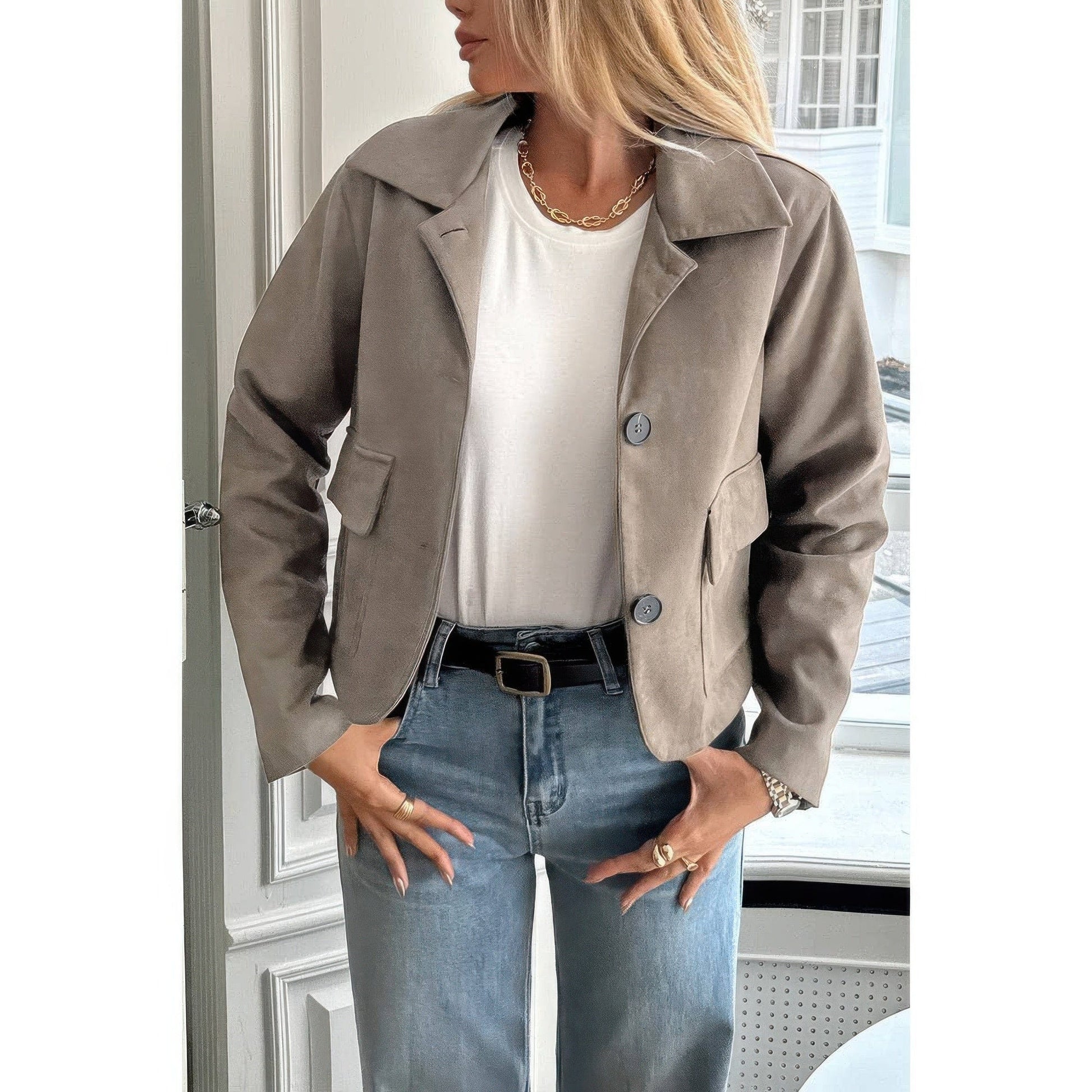 AnchorFinds.com Solid Suit Lapel Faux Suede Leather Jacket