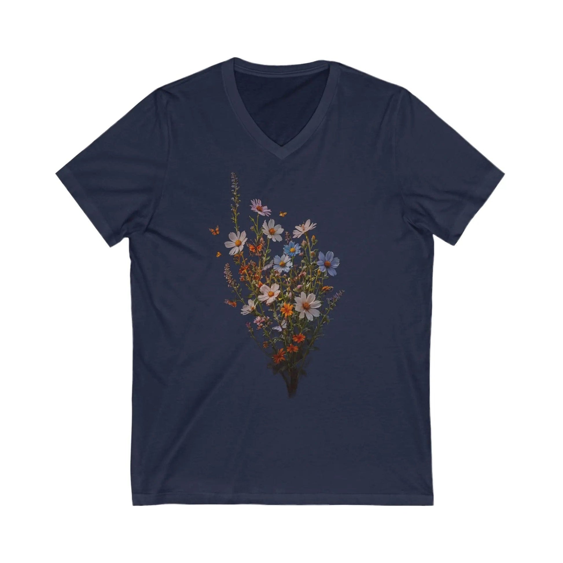 AnchorFinds.com V-neck S / Navy Wildflower Unisex Jersey Short Sleeve V-Neck Tee