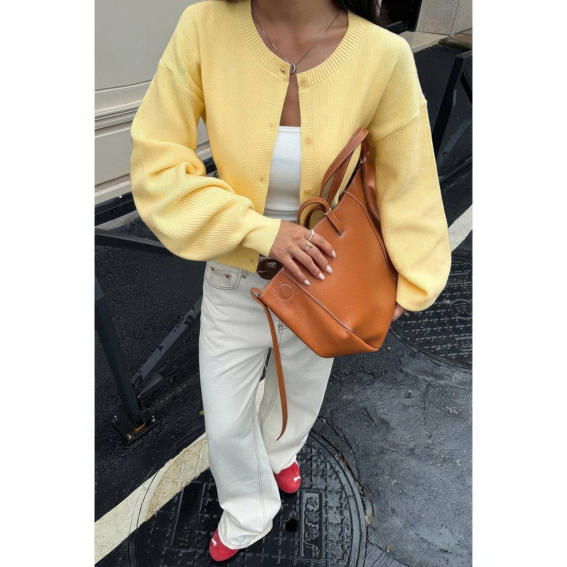 AnchorFinds.com Yellow / S Knit Solid Round Neck Button Down Cardigan