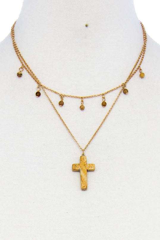 Brown Double Layered Cross Pendant Chain Necklace