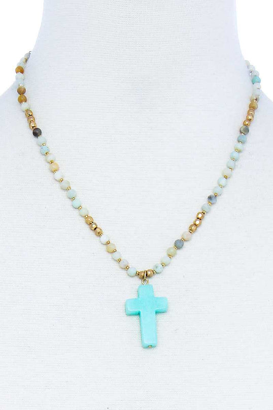 Mint Chic Beaded And Cross Pendant Necklace