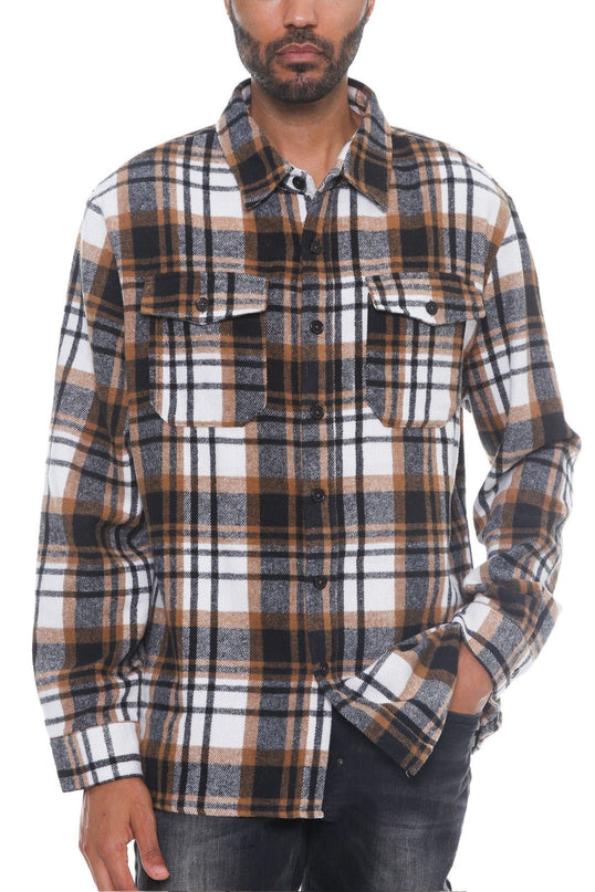 S Men's Checkered Soft Flannel Shacket - Khaki