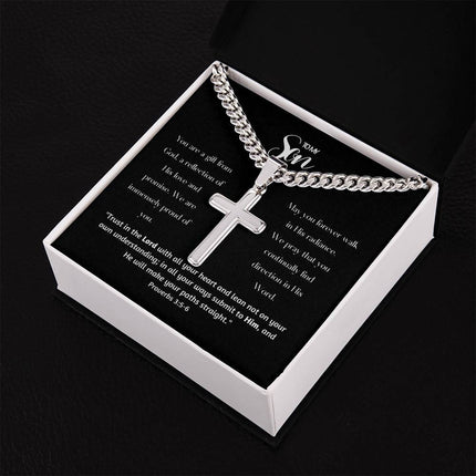 Standard Box "To My Son" Cuban Chain with Artisan Cross Necklace