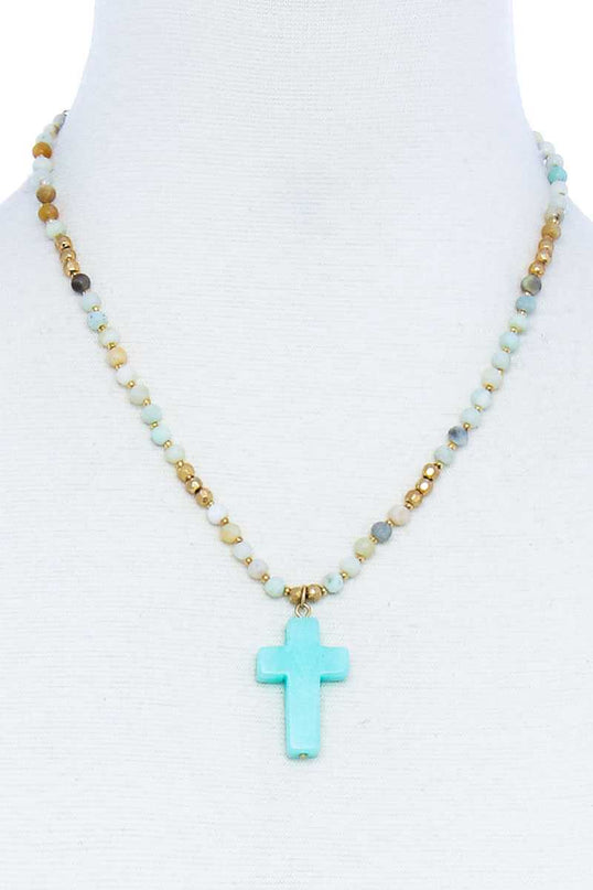 Turquoise Chic Beaded And Cross Pendant Necklace