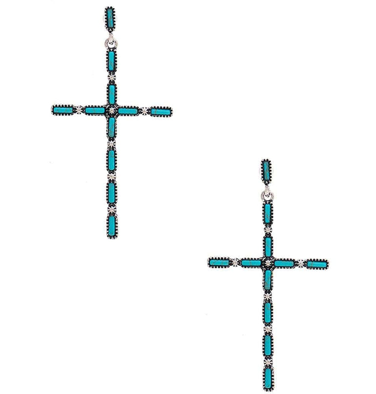 Turquoise Multi Stone Pattern Cross Metal Earring