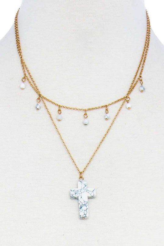 White Double Layered Cross Pendant Chain Necklace