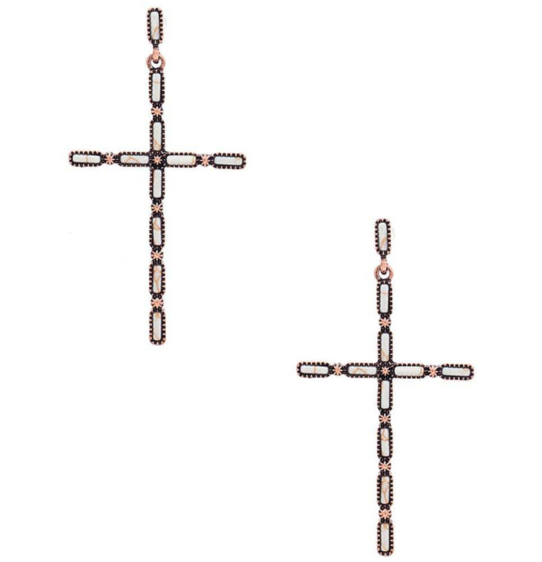 White Multi Stone Pattern Cross Metal Earring